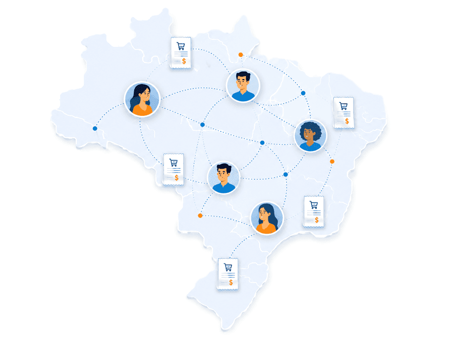Mapa do Brasil com compradores verificados distribuídos pelas principais regiões do país.